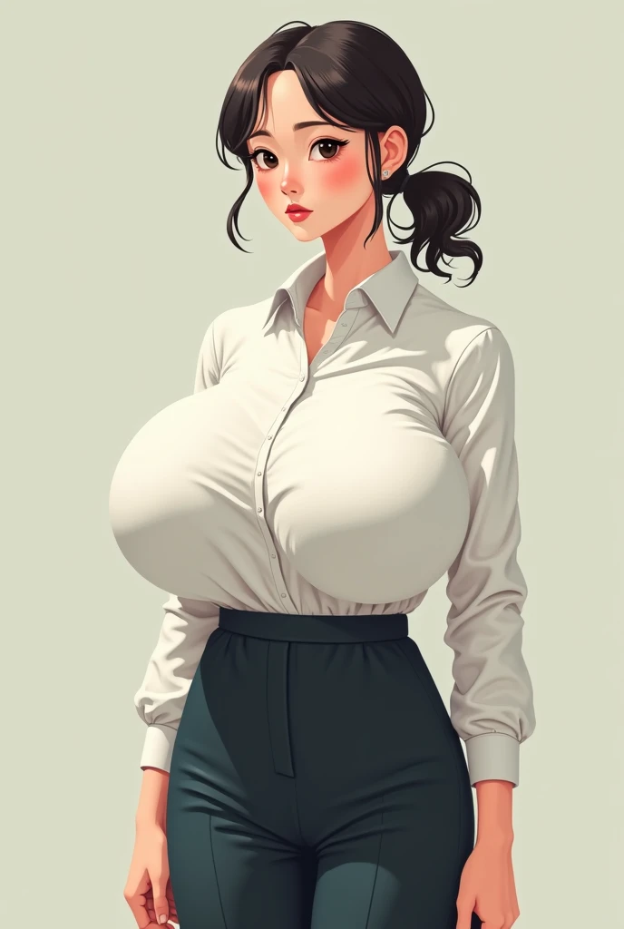 Lonely young adult girl, Tall stature, large chest, closed mouth, (asian face) brown eyes; black hair; sharp facial features; dimple on the chin; asian; ; pronounced high cheekbones; high forehead, stands upright, (gigantic breasts:1.4), ((detailed face:1.5)), school uniform: large ribbon; pants, Full-length painting, white crew socks, black heels, big eyes, Thepit style