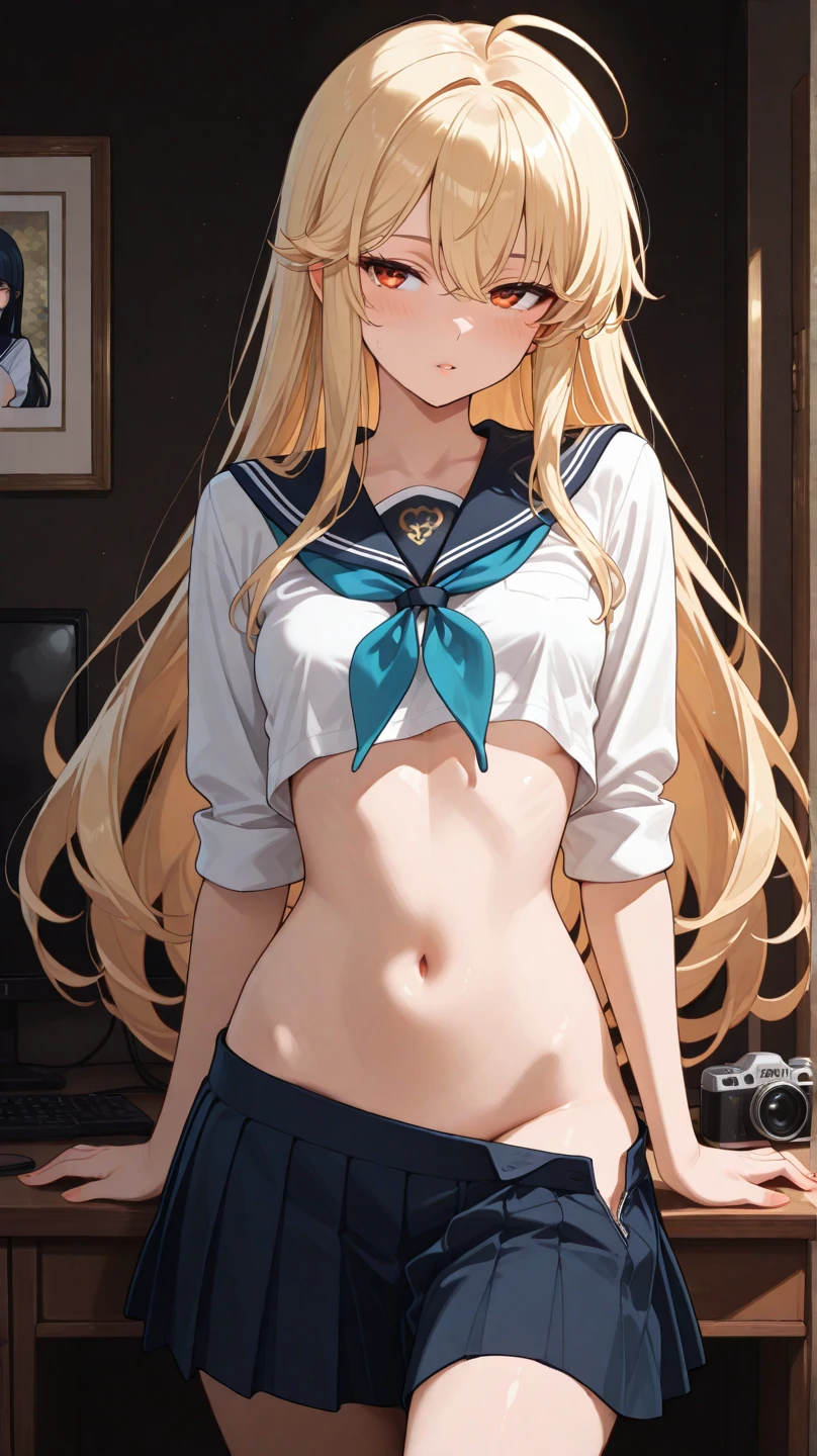 (1woman), school, blonde full bangs hair, eyes dark blue eyes, cute kawaii, panties white panties, necklace, nipples, flat chest, BREAK, white sailor fuku, at classroom 