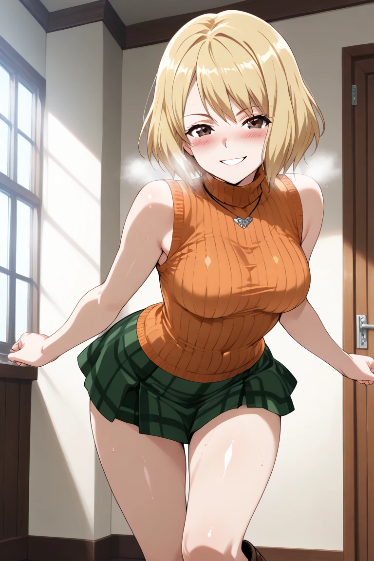 、(masterpiece、Highest quality)、Highest quality, Ultra-high resolution, (((masterpiece))), alone, Sweat、Big eyes, Composition from the front、Shortcuts、Embarrassed face、Blonde Hair、Cut your hair short、skirt、short hair、Upper body naked、Breasts exposed、Nipples、Large areola、Woman showing her body、belly button、真Composition from the front、indoor