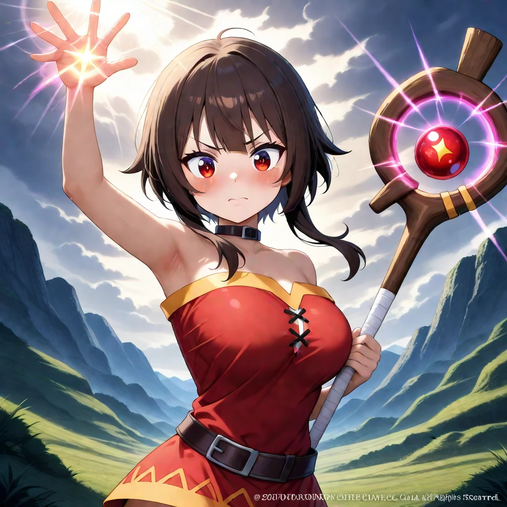 (masterpiece:1.2), (best quality:1.3), 1girl, <lora:yunyun_v1:0.6>, yunyun1, red eyes, thighhighs, necktie, skirt, braid, long hair, pink necktie, large breasts, belt, hair ornament, black hair, hair bow, crown braid, long sleeves, brown hair, twintails, standing, (throwing stance:1.2), (throwing a fireball:1.2), magic, cave, <lora:add_detail:0.5>