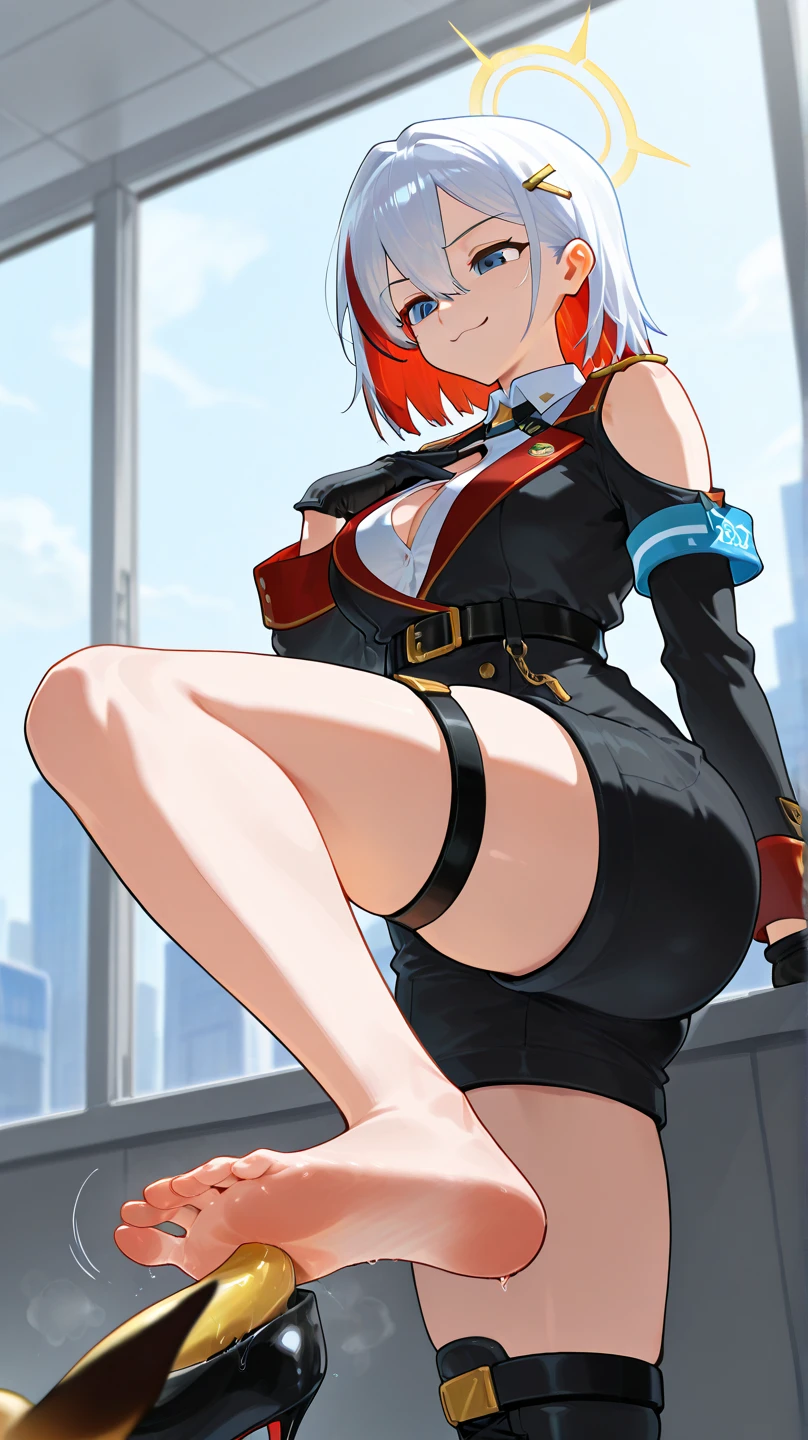 masutepiece, High quality, Best Quality, High resolution, 4K, High Definition, Beautiful lighting,1girl in, Short hair, Pink hair, Pink eyes, Yui, Hair bun, ((smile face)), japanes、red blush, full pose, 2d, masterpiece, best quality, anime, full body, full pose, highly detailed, cowboy shot, 1girl, solo, blue eyelack, ((red lingerie:1.4)), medium breasts, ((crossed legs)), ((sitting on table:1.4)), ((finger on moutch:1.4)), ((thighhighs)), ((show feets:1.4)), ((Sky from below:1.4)), ((full body)), ((black heels)), ((living room background:1.4)),