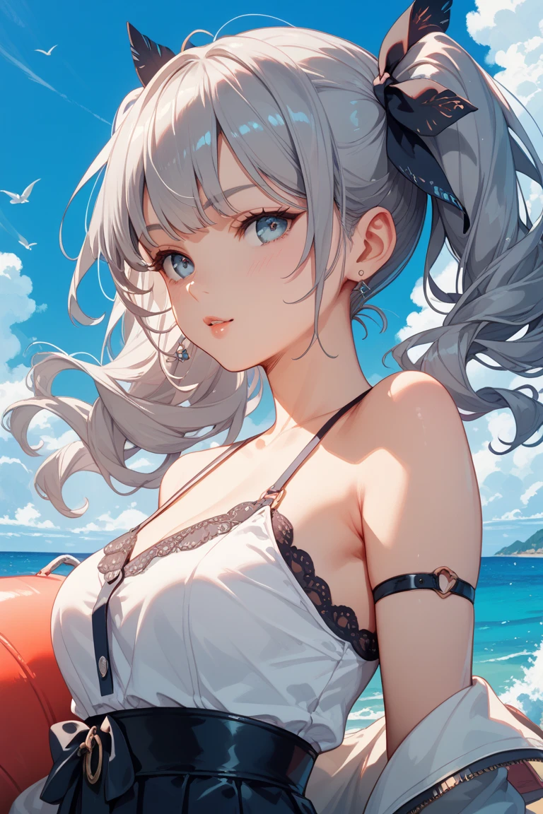 anime illustration,high quality ,A woman wearing a large white tank top, ((gray hair, ponytail,)),Angle showing the upper body from the navel, Beautiful sight,blue sky