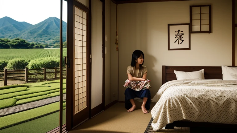 ((最high quality, 8k, masterpiece: 1.3, Ultra HD, high quality, 最high quality, High resolution, realism)) 、Beautiful Japan woman at 22 years old、Straight hair、smile、Slender body、Wear accessories on your wrist、Sitting on the balcony of a Japanese house in the countryside of Japan、(Sleeping on your back:1.6)、summer、Wind chimes are hanging from the eaves.、barefoot、fan、In front of the balcony is a courtyard.、wear a Yukata