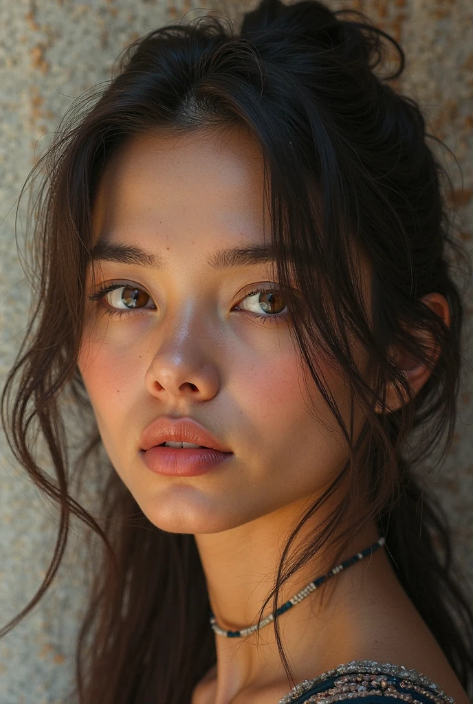 She has an oval face with high cheekbones, a defined jawline is Asian, japanese. His eyes are large and almond, black in color, with long eyelashes and thick, arched eyebrows, with a small scratch on his right eyebrow. His nose is small and straight, and she has full, wide lips. His hair is black with a green streak on the left side., short and smooth, usually worn loose with a fringe that partially covers the forehead. Her skin is fair with lots of freckles on her nose and rosy cheeks.. A CLOSEUP OF A SELFIE, BUSTO DE CROPPED, ANGLE FROM TOP TO DOWN.