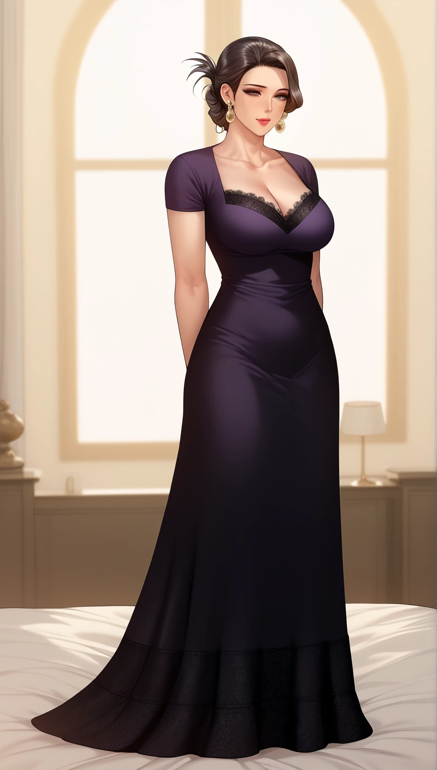 score_9, score_8_up, score_7_up,animated_source, 1 girl, mature woman, ultra red lips, eyes make up, beautiful young woman (((very short messy black hair))) (((Lost look as if in a trance, is hypnotized,)) ) Walking towards a young man who awaits her in bed , White dress,