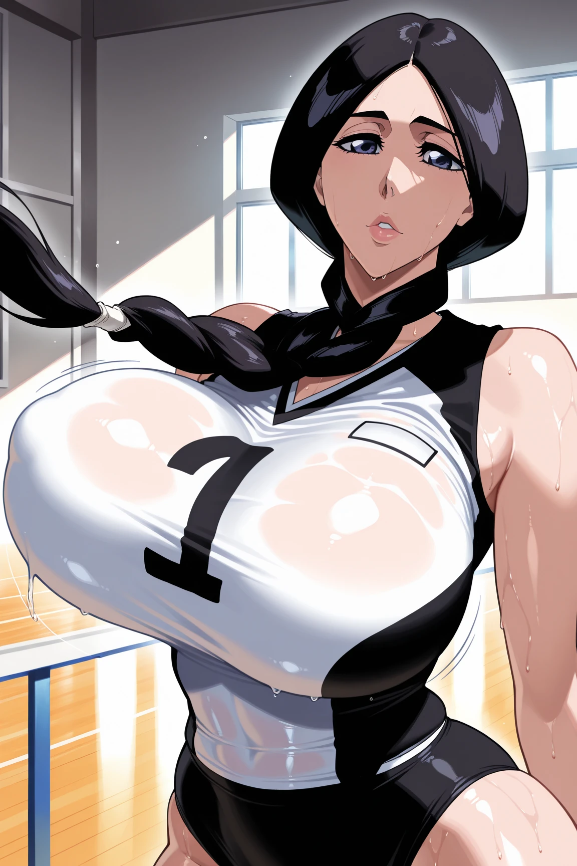 Photo of a indonesian female teacher with saggy breasts, (((keeping the goal))) in the middle of(soccer field), 40yo,busty body, tall body, tanned skin, dimples, light, detailed face, embarrassed face, ((looking disgusted)), ((very angry)), (dissapointed), ((hands raised up)), ((hands in front)), Perfect breasts, big breasts, natural breasts, big nipples, G cup, (((brown hijab))),(((glasses))), (nude), ((torn_tank_top:1.4)), (((cotton panties))), (((goalkeeper gloves))), (sweat:1), (wet)