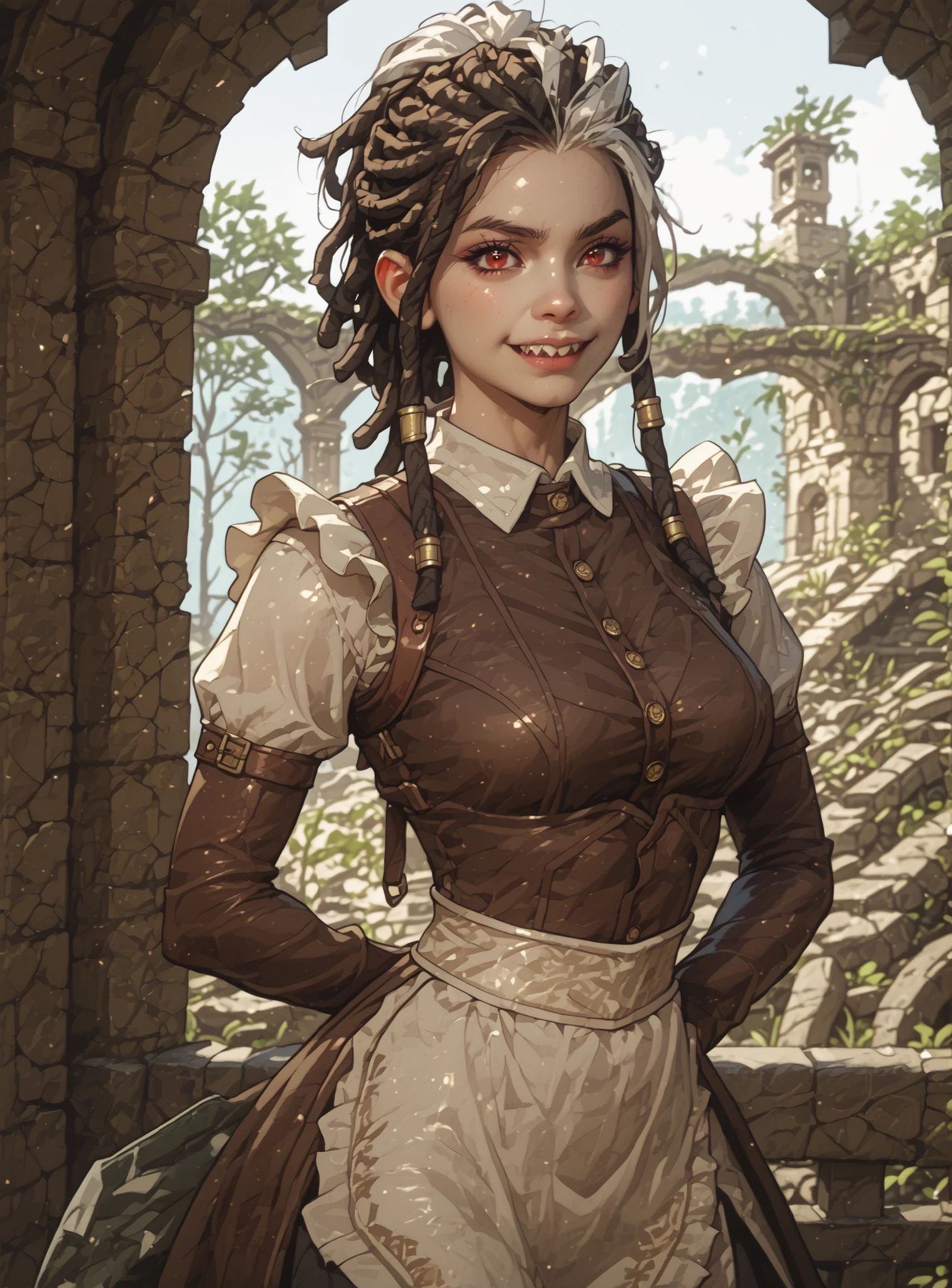 Slender body. White skin. Cute 18-year-old Asian girl with Asian red eyes and sharp teeth and dreadlocks with white highlights. She has a cute and beautiful face. She has a round and young face with a pointy chin. Her body is athletic with abs. She wears medieval an intricate medieval leather clothing with buttons. Background: medieval jungle ruins. Realistic lighting. DnD art-style. Looking at the viewer.