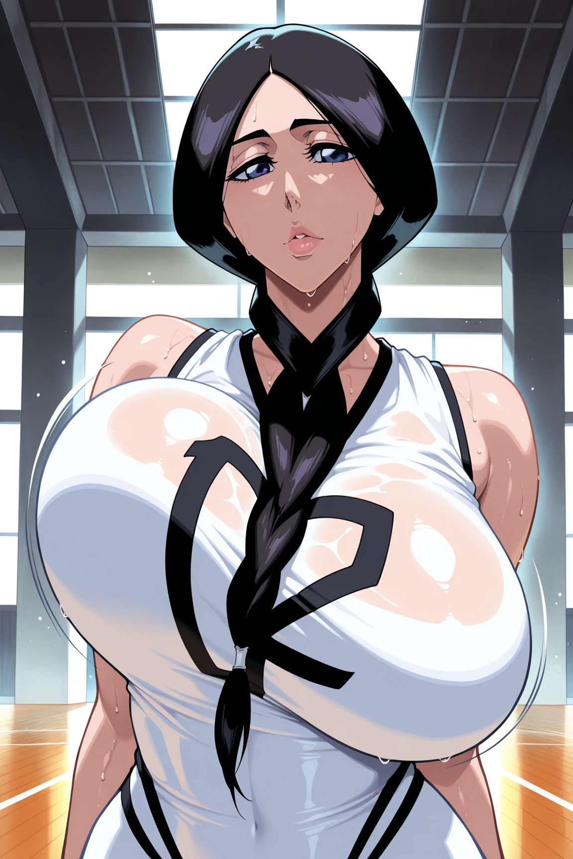 score_9, score_8_up, score_7_up, score_6_up, score_5_up, score_4_up, solo, shortstacked thicc ninja, skimpy ninja outfit, open clothes, tunic, tabi socks, hakama trousers or skirts and arm guards, sash, black pony hair, big thick full lips, ((pouted lips)), ((mature woman)), milf, ((full body)), ((NSFW)), sexy, intimate, fallen in love, ???????, sandals, (((huge breasts))), big nipples, wide hips, thick thighs, intricate details, detailed background, sharp focus, dynamic, expressive,