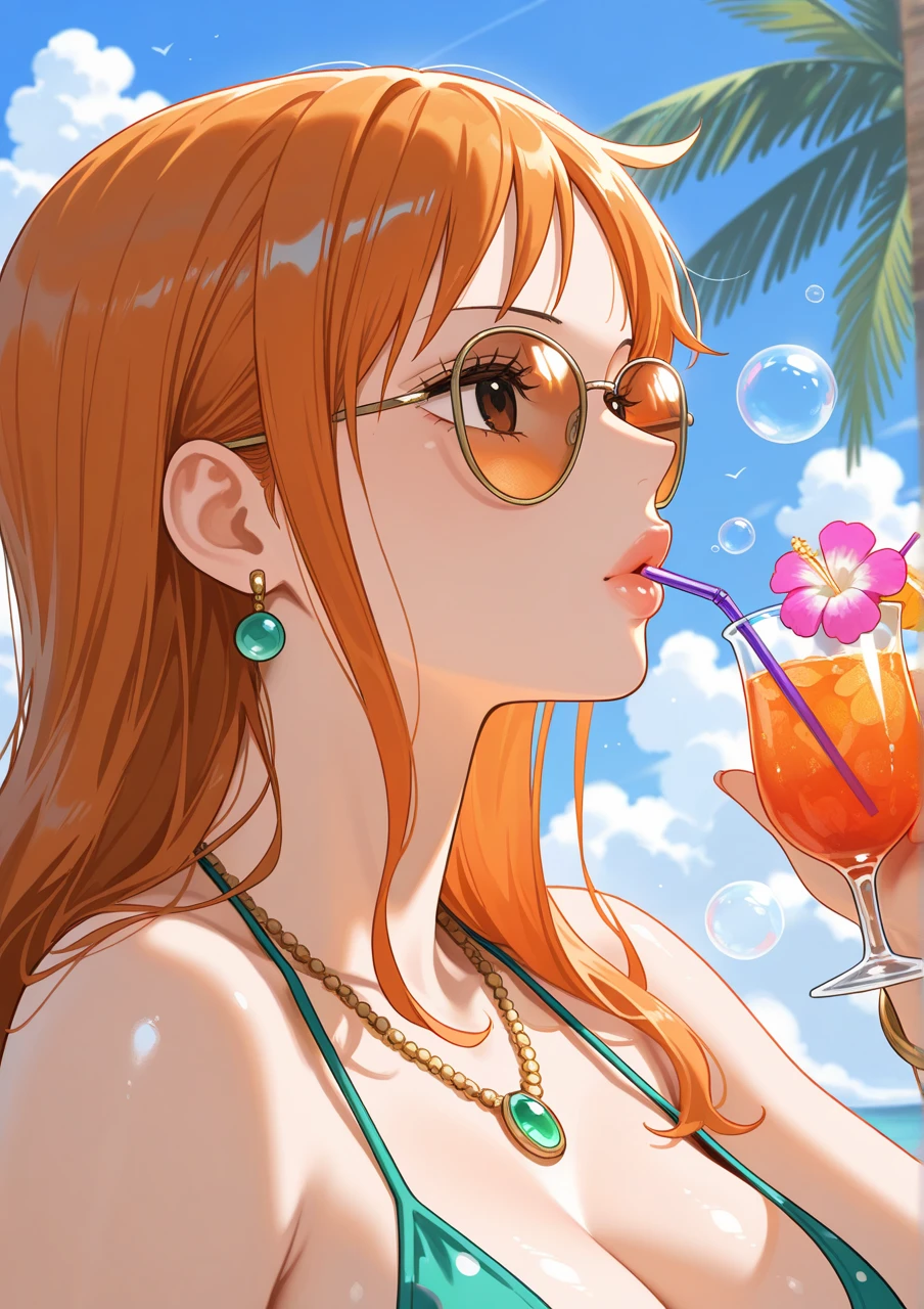 score_9_up,score_8_up, 1girl, solo, green eyes, burgundy hair, braid, long hair, ((blush)), closed mouth, smile, big breast, pose, (thin girl:1.2), (bubbles), ((entertainment park)), sunglasses, (glass with a straw), lips