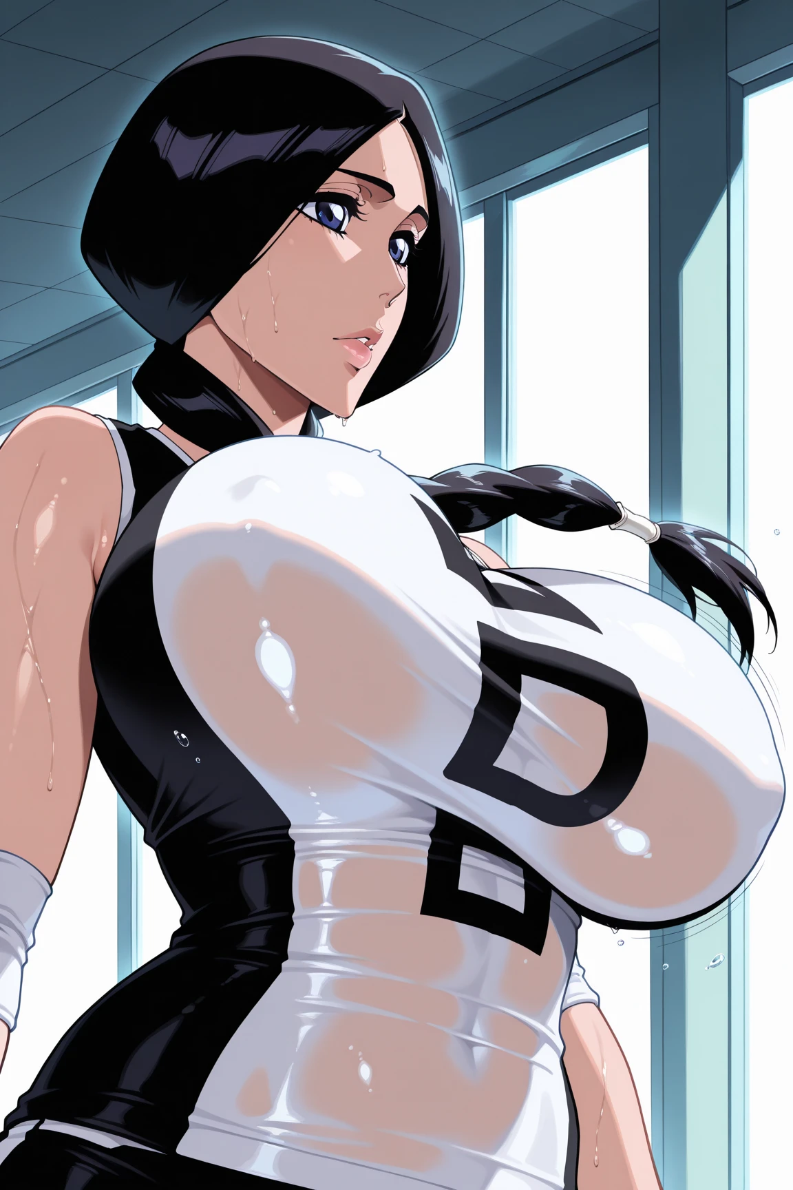 Waifu, masterpiece, curvy, breasts, moon, full moon, gloves, 1girl, clenched teeth, videl, cleavage, large breasts, teeth, ((straight black hair)), ((white top:1.3)), blue eyes, rating:explicit,rule34, hardcore, tits,clenched hands, night, sky, ((side bangs:1.4)), (white skin:1.5), bare shoulders, blue hair, clenched hand, rating:questionable, ((low twintails:1.5)), ((black tight shorts)), solo, angry, lip biting(gigantic and massive tits:1.1), breasts, official illustration, illustration, detailed face, beautiful intricate eyes,1:2), titsnipples