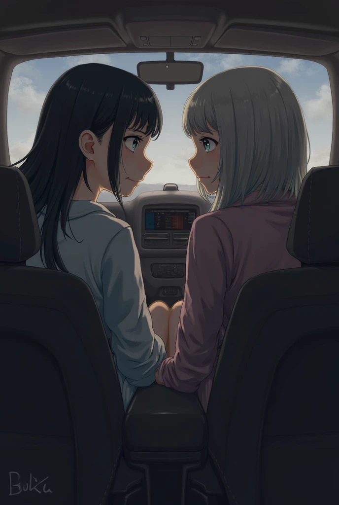 Two women having fun in a car、lewd:1,2、Metamorphosis:1,2、NSFW:1,2、Lesbian Yuri:1,2、blushes、Wear a tank top and skirt、((night))、