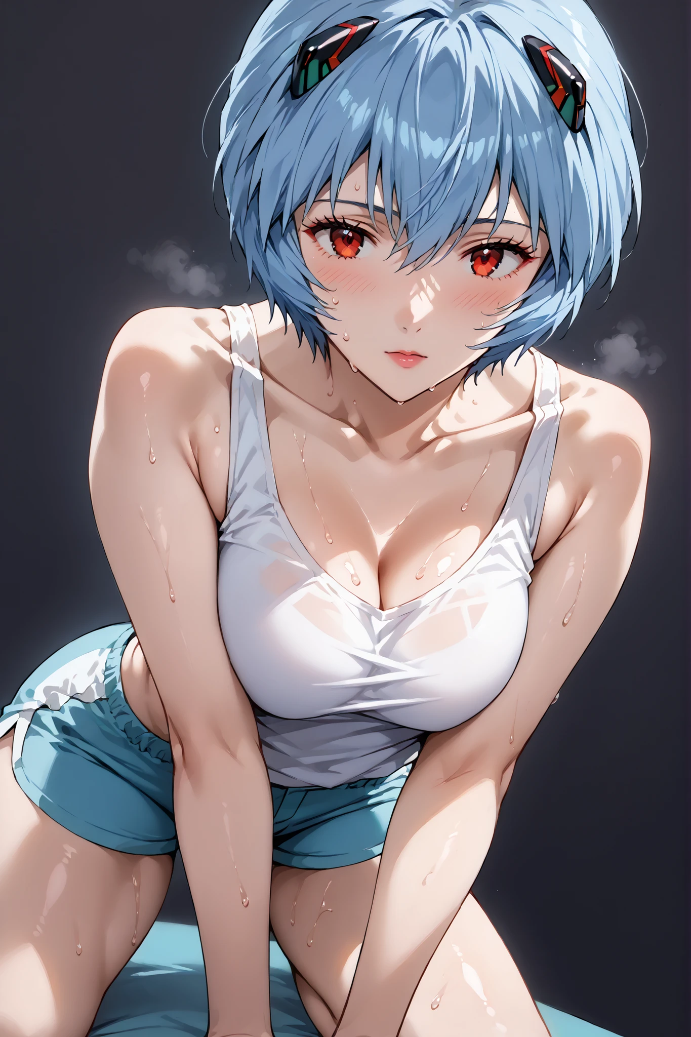 score_9, score_8_up, score_7_up, source_anime, 4K,perfect fingers,(perfect hands, perfect anatomy),prefect lighting, very aesthetic, intricate details,highly detailed background, masterpiece, high quality, best quality, high resolution,  
reiayanami,  rei ayanami, blue hair, short hair, red eyes, large breast,,
Wearing (( loose tank top, shorts, )),, 
Dark gray background, ((front look:1.5)), ((sweat:1.6)), gym, ((sit ups:1.6)), ((Close Thigh:1.3)),