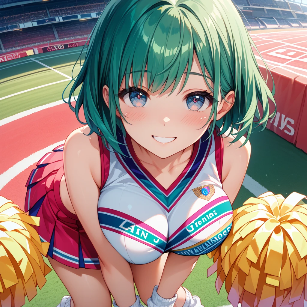 mastute piece,Best Quality,insanely detailed,8k cg,nsfw,
(shoot upper body:1.3),
(1girls:1.3),standing,looking at viewr,body in front,both arms behind back,(Baseball uniform、Baseball cap),(bare breasts),
break,
blush,shy,(ecstasy face),(trembling:1.2),break,(Green Hair:1.4),
break,
perfect breasts,perfect teats,(open mouth:0.9),(large breasts:1.3),
(Stadium)、