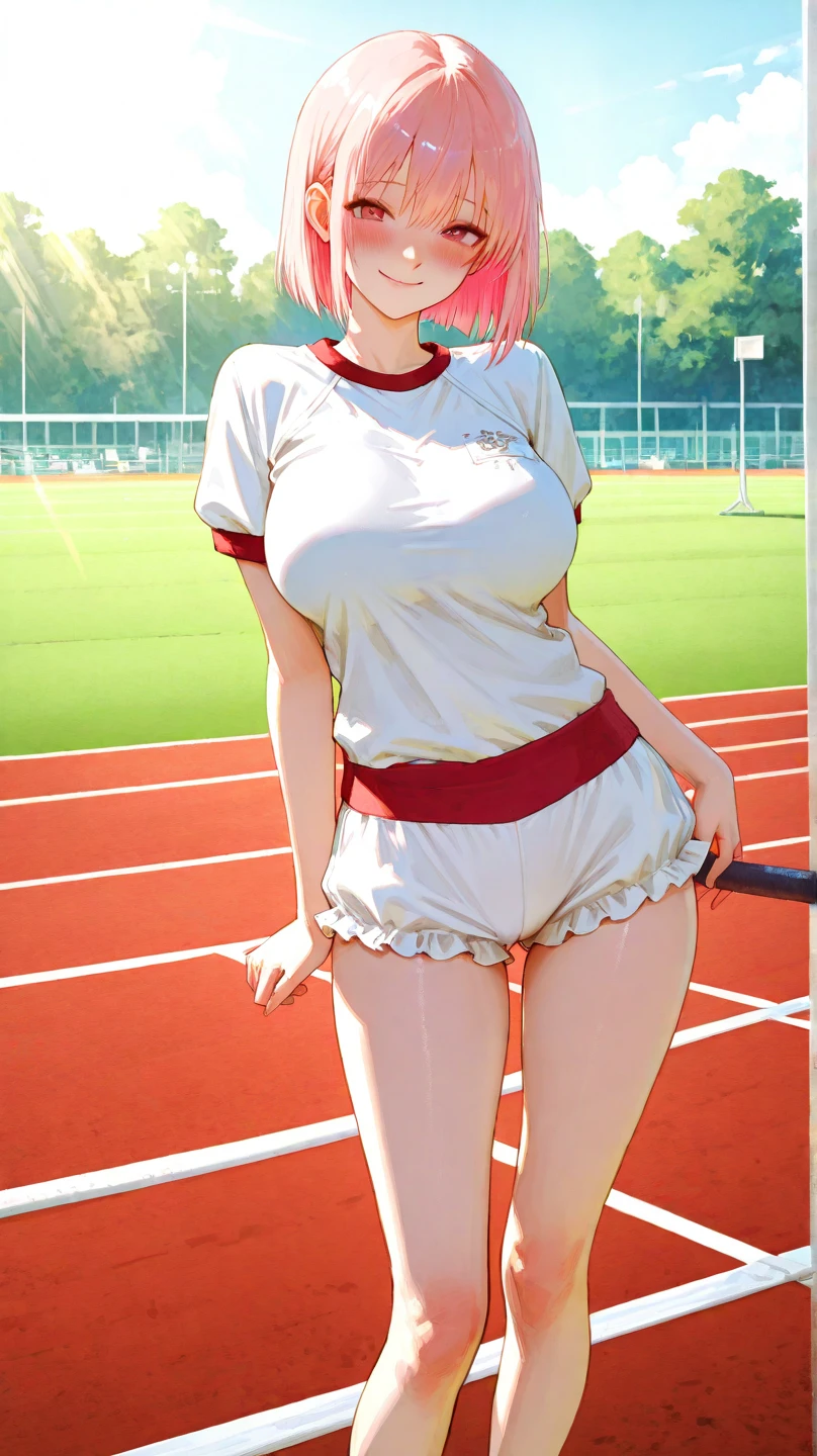 work of art, stunning realistic, best qualityer, sharpening,1 girl,Nipple slip,naked breasts naked,arms behind the head,muscular,(six pack:1.1),very tight long sleeve,,dolphinshorts,standing in a gym,,sakura haruno,pink  hair,greeneyes,red hair band,forehead mark,large medium breasts,cute smile,