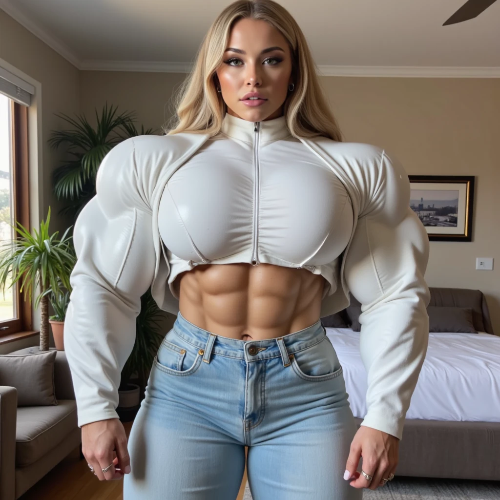 Amanda Bynes,, Generate a full length fashion portrait of a heavily muscled iff pro female bodybuilder , her makeup, hair, she is dressed in a tight fluffy woolen sweater, tight miniskirt, white knee high socks, lighting, environment