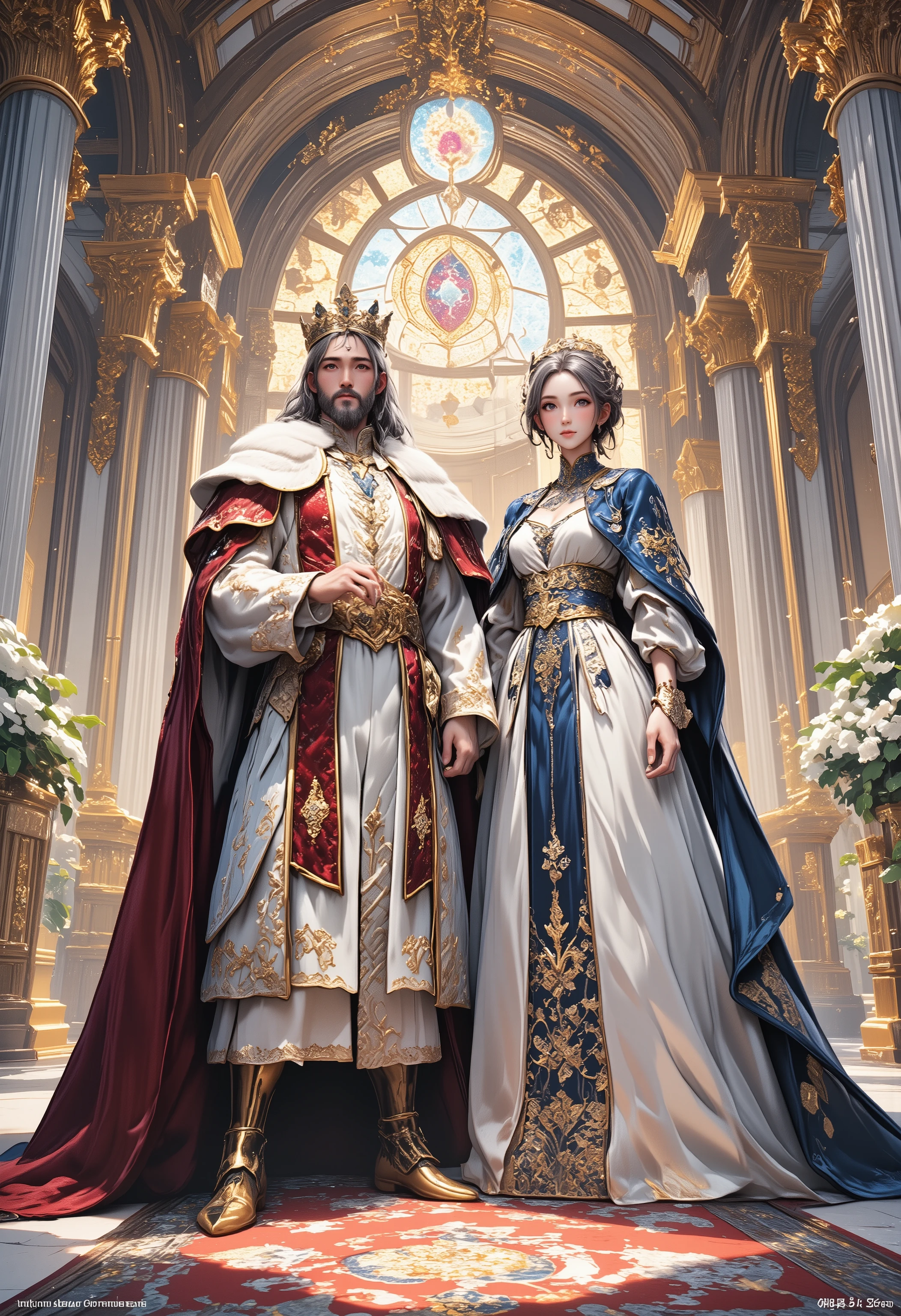 [Panoramic Composition] Symmetrical European palace hall, 3D photorealistic CG animation style, majestic king and elegant queen standing side by side flanking gilded throne, marble steps extending onto Persian patterned carpet,
[King Details] Thick silver-streaked beard, ruby-encrusted golden crown, crimson velvet robe with gold filigree, ermine-trimmed cloak, sapphire scepter, baroque-style metal pauldrons,
[Queen Details] Pearl and diamond tiara, pale gold classical updo, silver-white silk gown with crystal accents, navy velvet cloak embroidered with royal crest, layered pearl necklace, gold-edged tome,
[Environment] Stained glass dome casting divine rays, gilded Corinthian columns draped with silk, carved archway framing blooming white rose garden, chandelier glow blending with natural light,
[Texture Enhancement] 8K ultra HD textures (velvet specular/silk drapery/metal engraving), Unreal Engine subsurface skin scattering, dynamic fabric physics simulation, depth of field blur on background relief frescoes