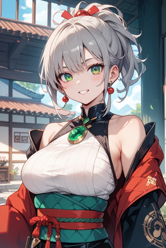 2.0) Lori huge breasts cleavage,white color hair,Bun head,on cheongsam,Genshin character,pointy ears,green-eyed,cross-shaped pupils,Genshin Nasita。