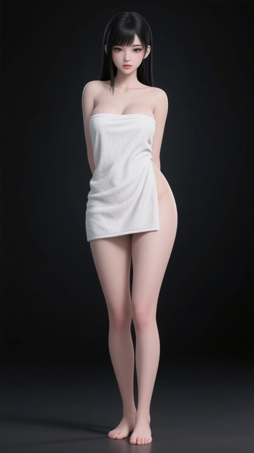 8K, Top Quality, Intricate Details, Ultra Detail, Ultra High Resolution, Masterpiece, ((full body)),  Slender, smile, (Makeup: 0.4), (Fluffy red Eyes: 1.21), ((red Eyes)), , looking at viewer, ((full body)), 1girl, solo, 1 girl, (( full body)), , , ((tall)), (((fit body))), (((slim face))), sharp face, sharp eyes, (((black hair , )) , (detailed face), sharp face, small lips, standing,
 (( )), ((naked ,dress)),  detailed face, detailed breast, , large breast, detail ass, , Beautiful girl with accentuated slender abs: 1.4, Six Pack Abs: 1.4, Bust Botox, Big, Perfect Body, detail leg, (( dark background)), black background, 