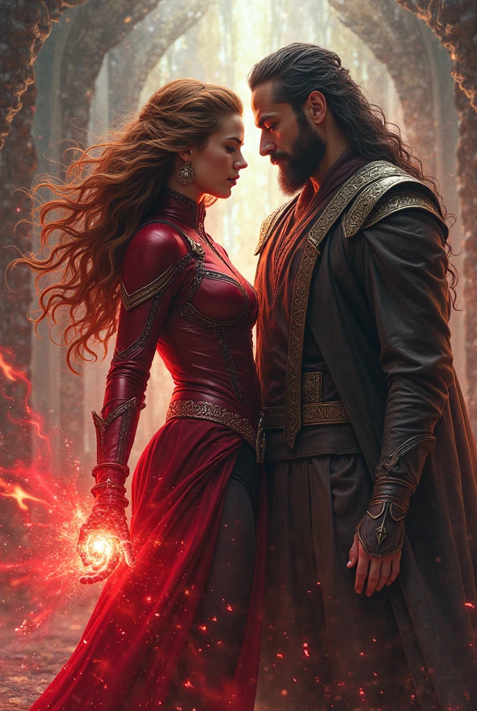 Prince of Fire Hero, young and red-haired with his army and with a black-haired sorceress with dark skin and violet eyes.