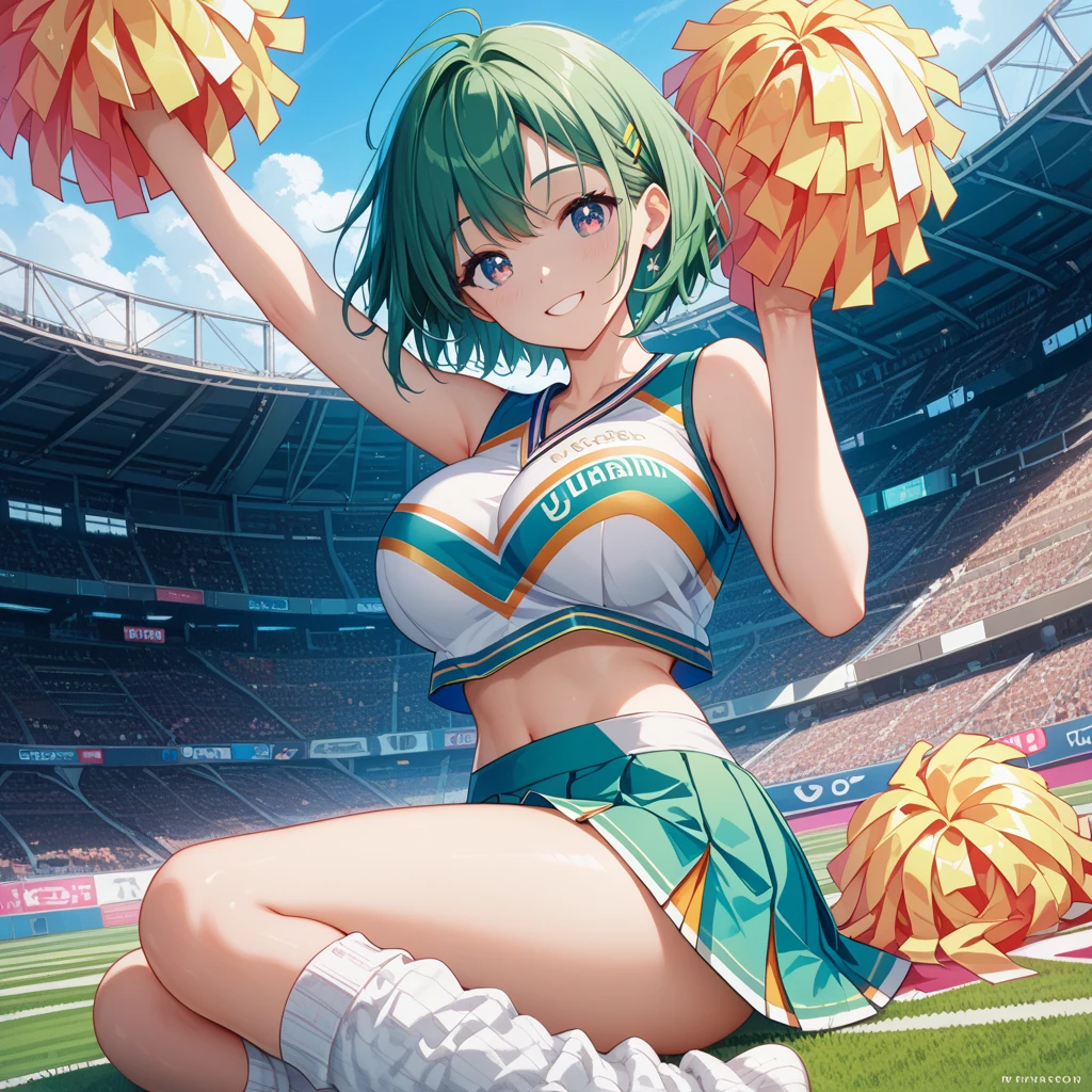 32K, 16K, 8k, Highest quality, Super detailed, High resolution, Perfect Anatomy, from the front, Stadium Background, Cheerleader, High quality eyes, pretty girl, Peeking from below, Smile, Bright green hair, Acrobatic pose,