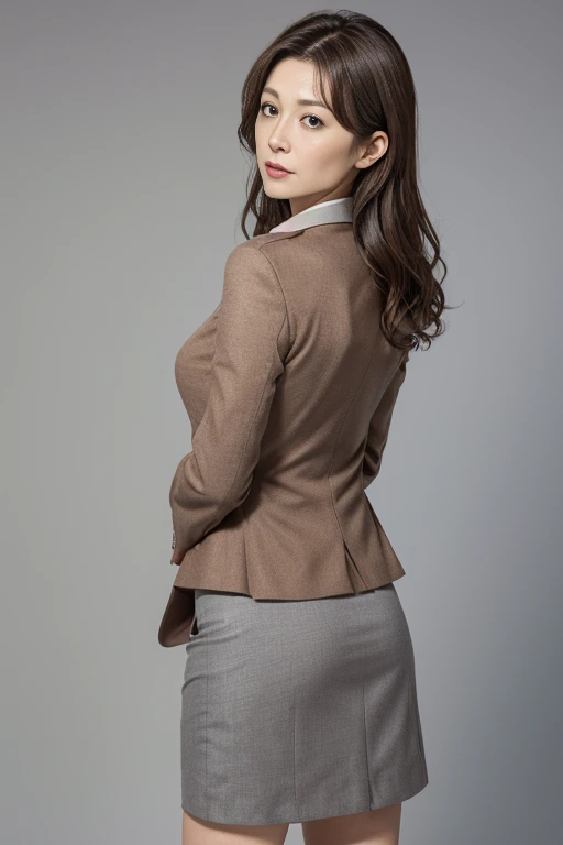 Non-NSFW、Real、Highest quality、Highest quality、masterpiece、Ultra-high resolution、RAW Photos、Real、Bright lighting、Face Light、Smooth Professional Lighting、Looking into the camera、alone、Adult women、Beautiful woman、Super Beauty、Realな肌、Moisturized Skin、Realな目と顔、Perfect model body、Beautiful Eyes、Big eyes、Inconspicuous tear bags、slim、No bra、Beautiful fingers、Very long hair、Beautiful, saturated photography by Emily Soto, clavicle, (mature:1.3), Highest quality, Humidity, attractive,skinny, smile, no_panties, Large Breasts, (masterpiece),(Highest quality),(((Pussy:1.3))), ((photoRealistic)), (brown hair), (Waist-length hair:1.5), Small Ass, Gray background, lips, Realistic, Königsreuter, (Bold open-necked Blazer:1.5), (Garter Stockings:1.2), (from above:1.1), (looking back1.6)