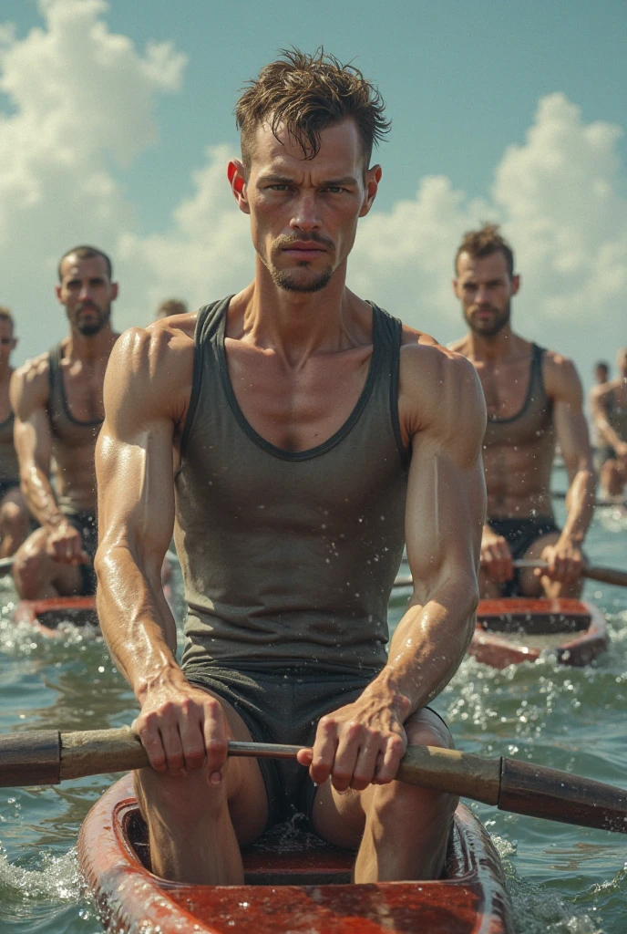 1 handsome man, lean atheltic body, naked, hirsute, cinematic lighting, highres, best quality, (kneeling), glistening skin, (dripping sweat), blue eyes, beach, fade haircut, ginger hair, (erection), (crowd in background), sneakers
