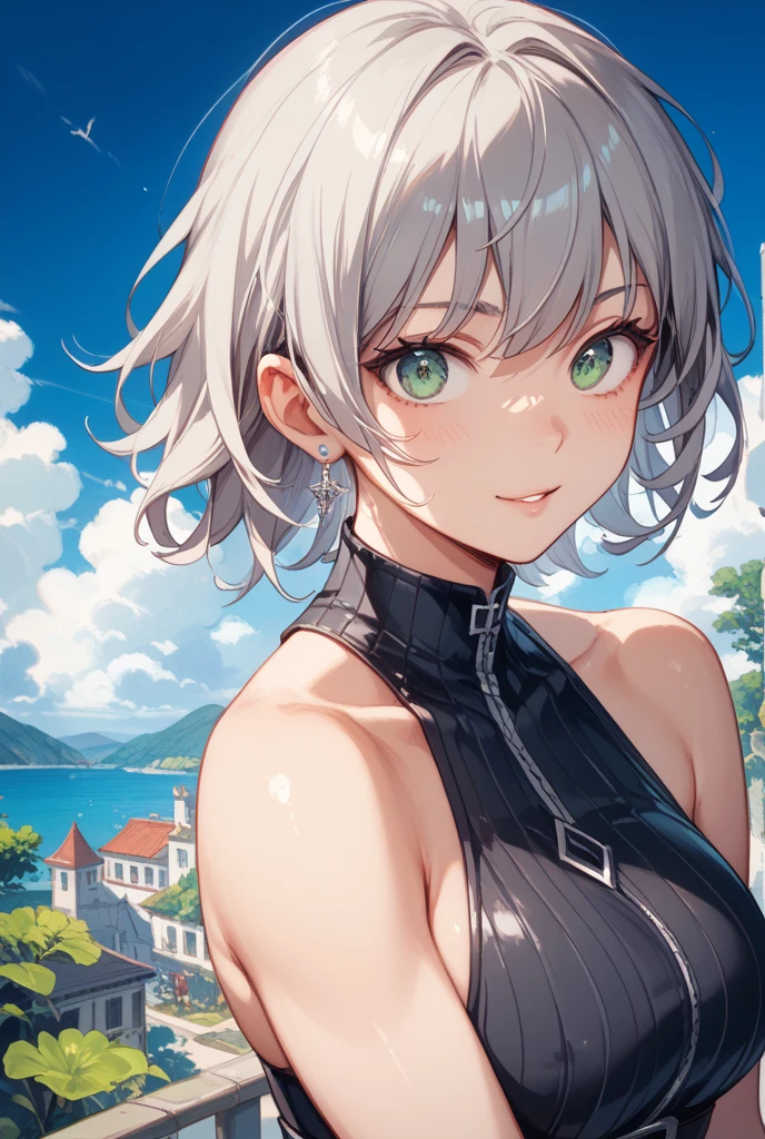 Natural Volumetric Lighting And Best Shadows, Deep Depth Of Field, Sharp Focus,1girl, solo, Terrible_Tornado,looking_at_viewer, blush, short_hair, bangs, green_hair, green_eyes,detailed eyes, collarbone, thighs, small_breasts, outdoors, parted_lips, green_hair, float, cloud, dark green dress, cloudy_sky, pelvic_curtain, side_slit, curly_hair, flipped_hair,