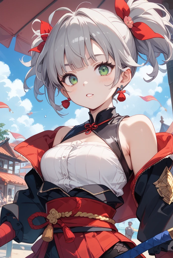 cemetery, dress, braid, chinese clothes, headwear, ofuda, jiangshi, qing guanmao, absurdres, RAW photo, extremely delicate and beautiful, masterpiece, Best Quality, ultra high resolution, 32k, hyperrealistic, ultra-detailed, detailed description, pale skin, 20 years old, tearful mole, earring, Colossal tits, short medium hair, wavy hair, whole body shot,