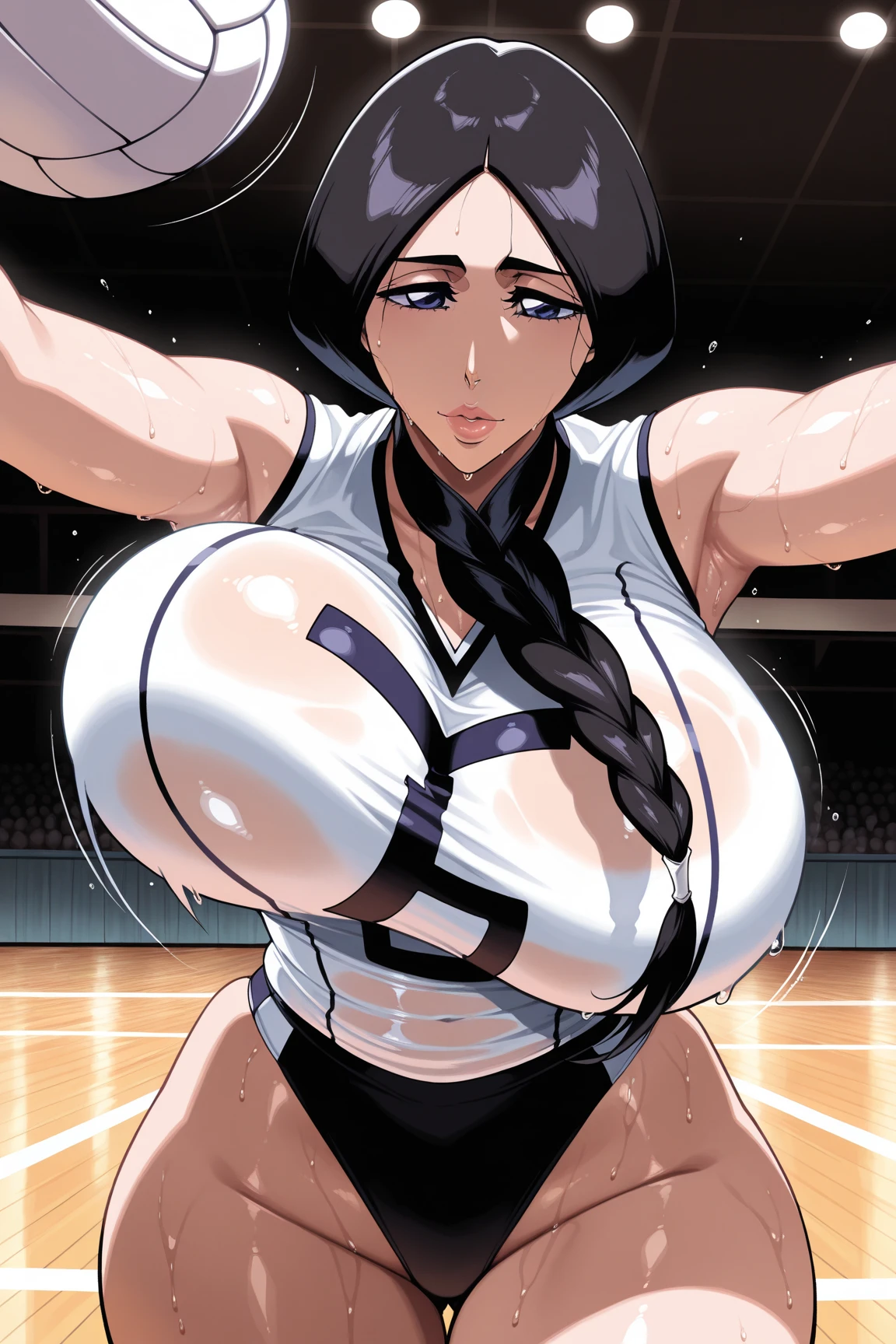 1990s anime cels style, 1990s manga style, best quality, high resolution, curvy body, (gigantic breasts:1.3), Beautiful face, happy, smile, closed mouth, 27 year-old, 1 girl, long hair, ((volleyball player)), ((In the vast gymnasium:1.37)), ((sleeveless volleyball uniform:1.37)), (oily skin:1.2),