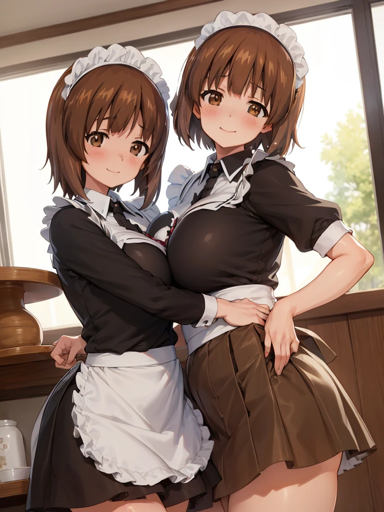 1 girl, marci, brown hair, short ponytail, yellow eyes, detailed eyes, white stockings, ((maid uniform)), , ((bare breasts)), l), (cat ears), topless, ((incoming kiss))