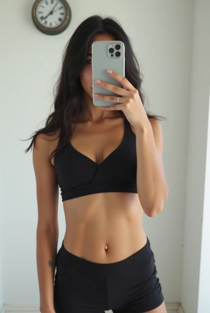 Brunette influencer, instagram fitness, taking a picture in front of the bathroom mirror, IPhone 15, black boy short panties and black sports bra, gym bathroom