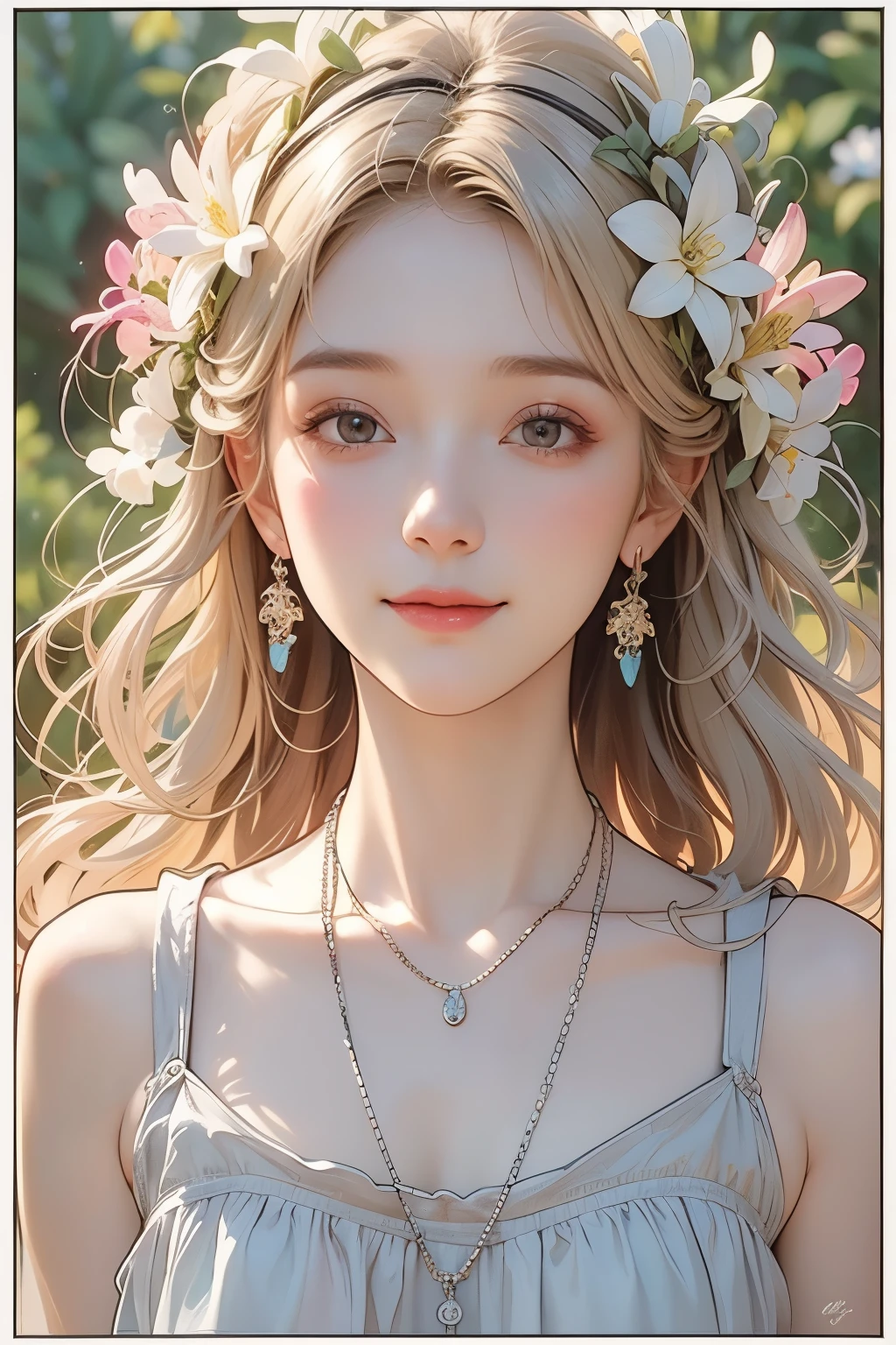 (Oil painting of a young, beautiful woman), striking portrait, pursuit of beauty, (Calm and gentle girlish smile), (Almost straight medium blonde silver-gray hair), (Close-up), (Simple, urban, soft-colored T-shirt), Bright primary colors used partially as accents, (Slim figure), Small necklace, Fine and precise details, Bright colorful small flowers, The arrival of summer, the vibrant new greenery of the trees, A world full of colorful colors! , Use of contour lines, Clean line drawing, (Alphonse Mucha-style composition), (Stylish decorative frame in the Art Nouveau style), Masterpiece! , Beautiful! , Wonderful! , Perfect!