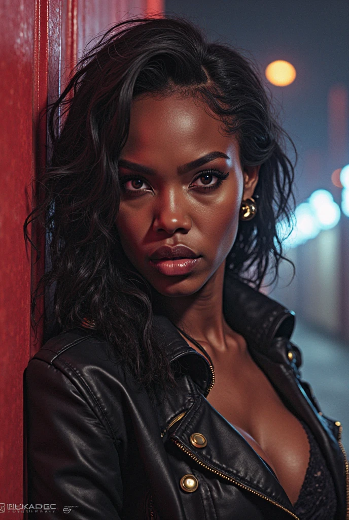 (best quality,8k,ultra-detailed,realistic), extremely detailed photo of a (((20 year old))), black girl, scarlet witch, wearing black lace leotard, open leather jacket, black pantyhose, model photoshoot, photography, studio lighting, professional, vivid colors