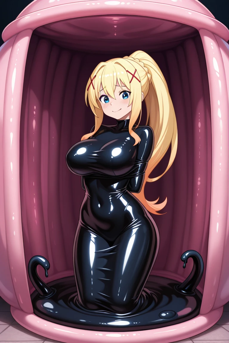 score_9, score_8_up, source_アニメ,アニメ style,Blonde,Blue Eyes,long hair,tall,cool eye,very big breasts,((1girl)),shiny skin,Black latex,front open,Areola,Reverse Bunny Suit,corset,Pussy juice,Long Breasts,Handjob,Disgust,Bukkake,Tentacles