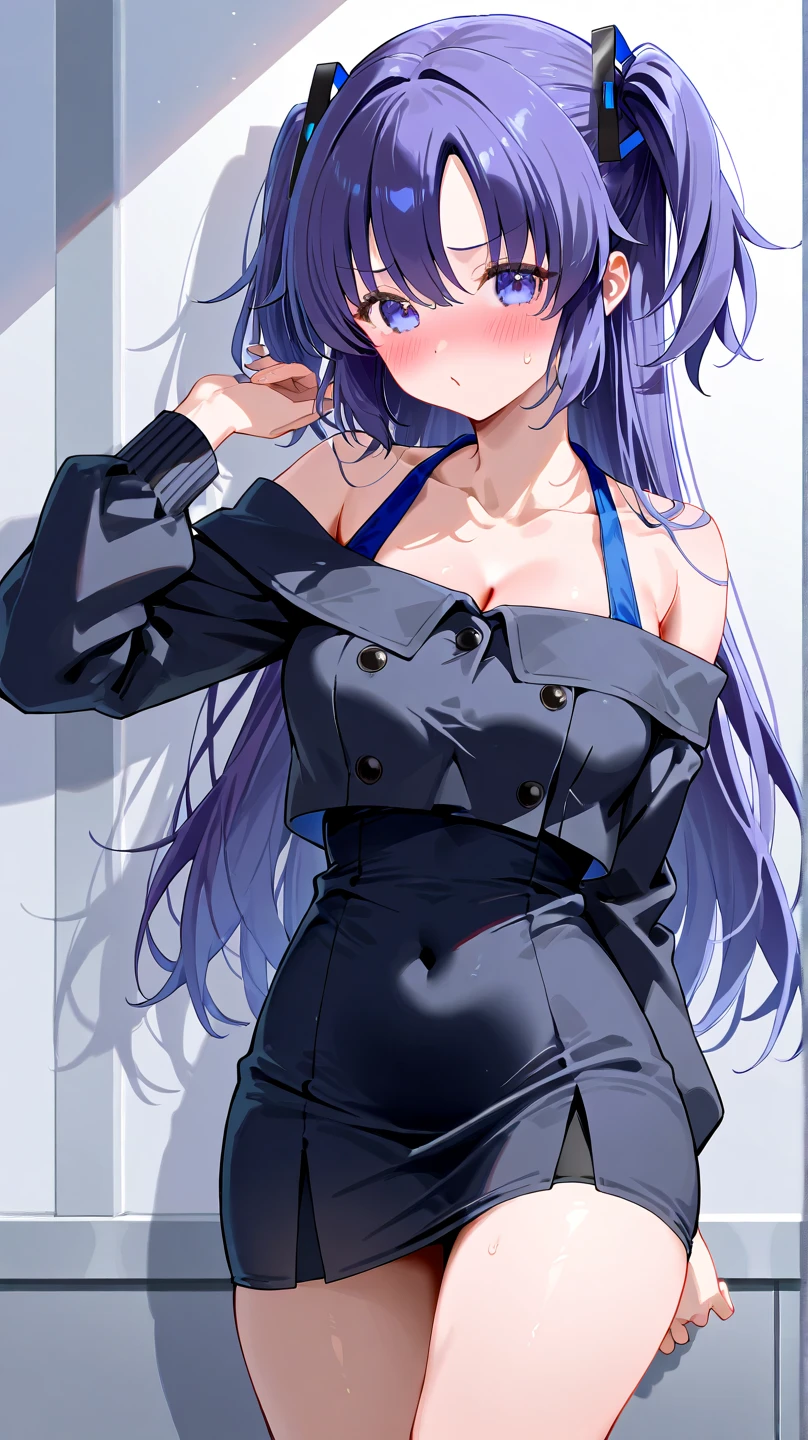 Masterpiece, one woman, solo, wear Cathartic fitted black shorts, plain V-neck shirt, bell body shape, flaccid blue hair, natural sharp button nose, thick tight lips with a slight dark hue, unimpressed expression.
Flat shaded 2-D illustration, minimalistic design, no frills or detailed embellishments.