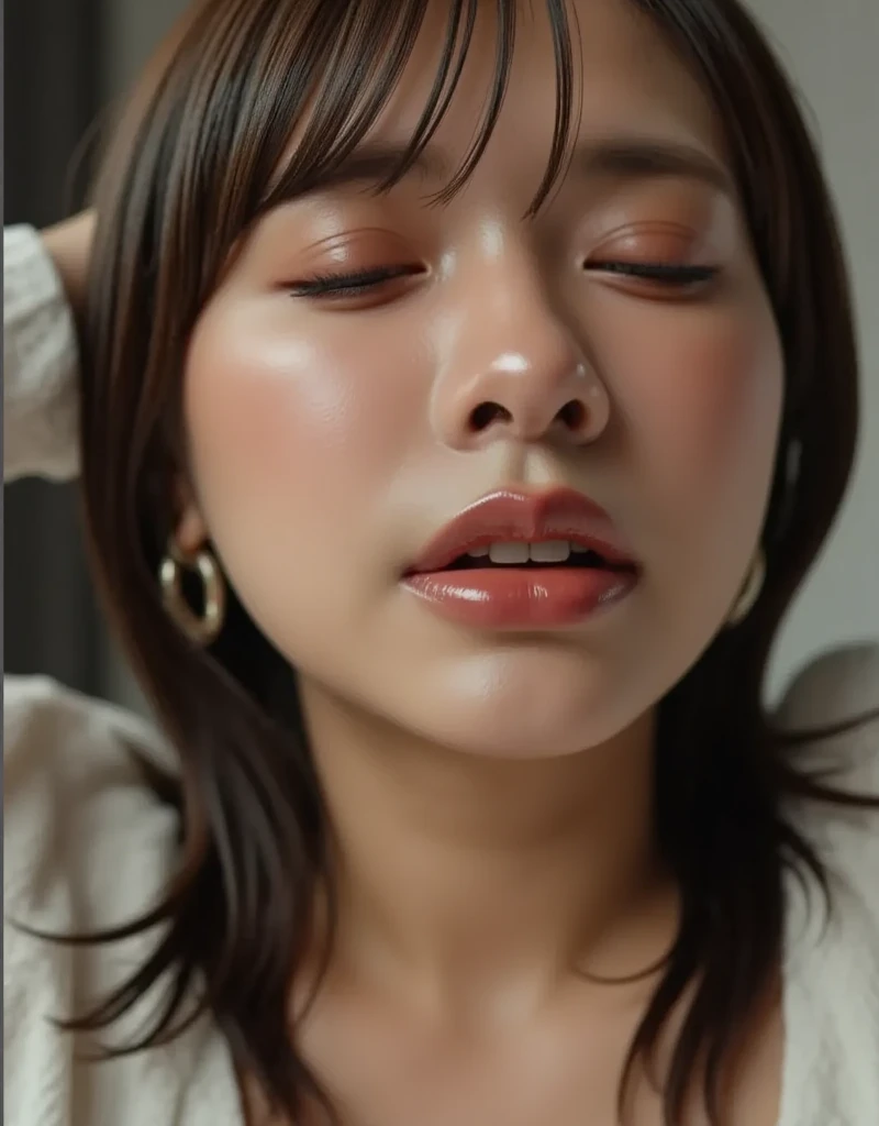 Photorealistic, Surreal, Cinema Lighting, 32k, 1 Girl, look up, Backlight, (Bright light:1.2), (Improvement of quality:1.4), (Highest quality realistic textured skin:1.4), Fine grain, Detailed face, short hair, ,Cowgirl,From below,Sweat,Wet, (Enhances the beauty of skin texture:1.1), Matte texture, blush, Sweat, Open your mouth, Roll your eyes, tears, Sticking out tongue, saliva, saliva trail, Part your lips, Captivating smile