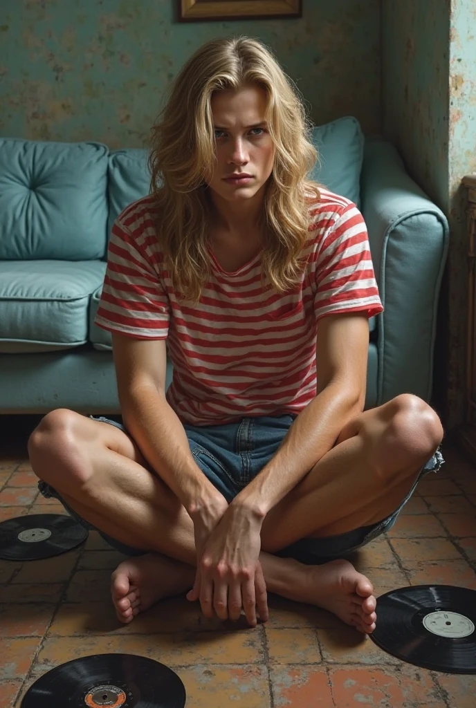 Grunge style 15 year old girl,full body photo,white tube top,blonde,tight denim shorts,barefoot,seductive,freckles,messy hair,sitting on a couch in a filthy apartment,Thorough,analog style,female focus,highest quality,(highly detailed skin),perfect face,skin pores,(bokeh:0.6),sharp focus,dappled lighting,(backlighting:0.7),film grain,photographed on a Sony A7R IV,18mm F/1.7 cine lens,(highly detailed, intricately detailed),8k,HDR,front view,(full body visible:1.2) . Textured,distressed,vintage,edgy,punk rock vibe,dirty,noisy,