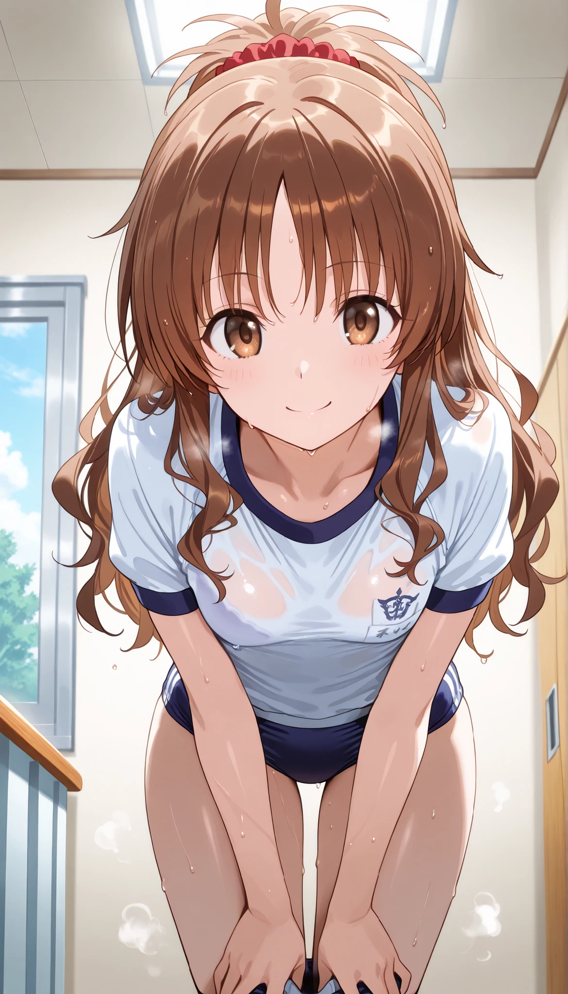 masterpiece, score_9, score_8_up, score_7_up, anime, pinup, Max Masterpiece, perfect eyes, perfect face, Best Quality, high resolution, 1girl,mikan yuuki, brown eyes, brown hair, hair ornament, hair scrunchie, long hair, small breasts, school gym clothes, buruma, (navy buruma:1.3), standing, leaning forward, front view, bust shot, smile, low angle, wet, sweat, steam, bedroom