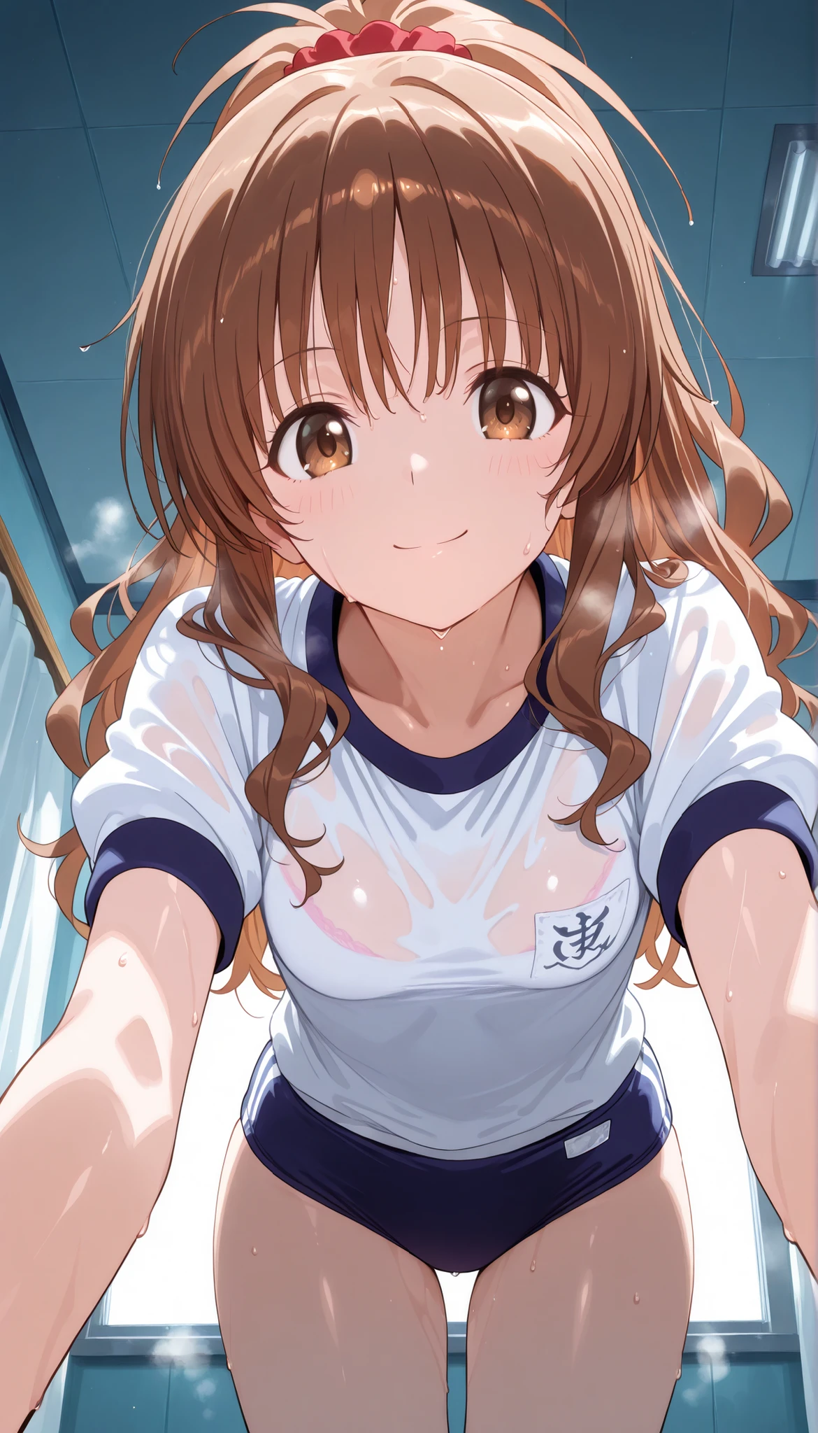 masterpiece, score_9, score_8_up, score_7_up, anime, pinup, Max Masterpiece, perfect eyes, perfect face, Best Quality, high resolution, 1girl,mikan yuuki, brown eyes, brown hair, hair ornament, hair scrunchie, long hair, small breasts, school gym clothes, buruma, (navy buruma:1.3), standing, leaning forward, front view, bust shot, smile, low angle, wet, sweat, steam, bedroom