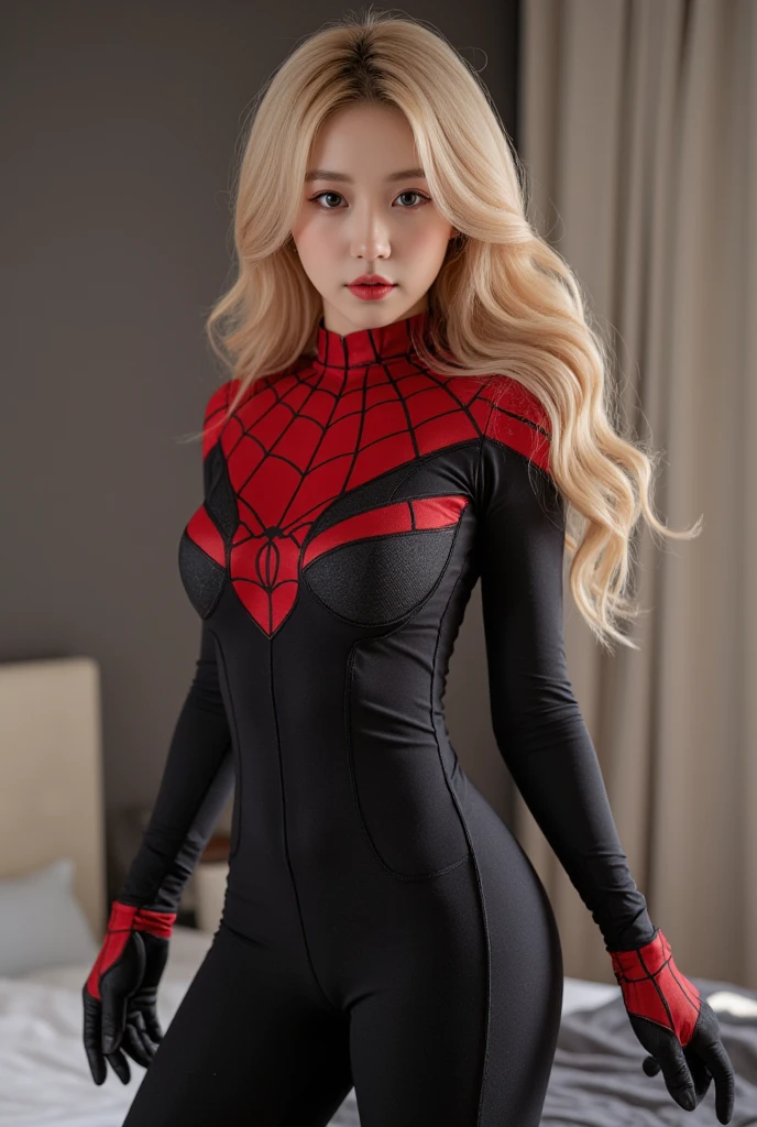 bodypaint,Spidey,Red White,full bodyesbian,Long legs,inside in room,long whitr hair