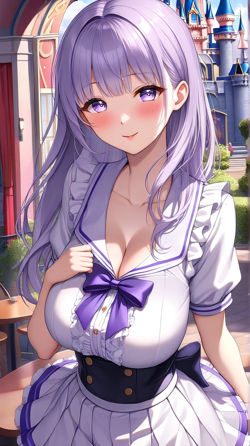masutepiece, high resolution, 8K, anime woman, Delicate and meticulous text 、detailed digital illustration、(((Straight braids)))、Shiny hair、bangs、(cleavage:1.3)，Large breasts，A very beautiful woman、The eyes are twofold, Large, (((The bust is cup A)))、High image quality, High quality、Detailed background、(((Lovely white and lilac school uniform)))、((Beautiful blue sky and school background))、The inside of the eye sparkles like a diamond、Light purple hair、Gradient pupils、(((2 arms、4 fingers, 1 thumb)))、detailed feminine face、Very nice and lovely woman、、细致背景、tmasterpiece、Soft focus , Bright gradient watercolor , Lens flare , (((glitters))) , Glow , Dreamy , Light purple ribbon、Very beautiful light purple rose hair ornament、Light purple and gold uniform，White is the main color、((Immediate anterior angle))、Gape、A smile、Morning background、rainbowing