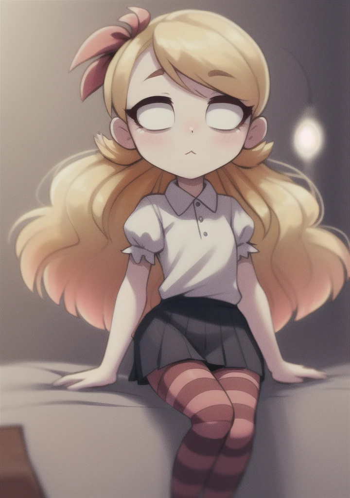 verina, (wutherinf waves game), 1girl, solo, blond hair, blue bow, hair bow, hair between eyes, green eyes, naked, nude, terrified, scared, horrified, flat chest, tiny breasts, exposed pussy, squatting, face shadow, holding head with both hands, peeing, yellow fluids from pussy, crying, panic expression, (darkness:1.2), night, (ghost:1.1), fog, outdoors, forest, pine tree, spooky, horror \(theme\), masterpiece, best quality, smooth details