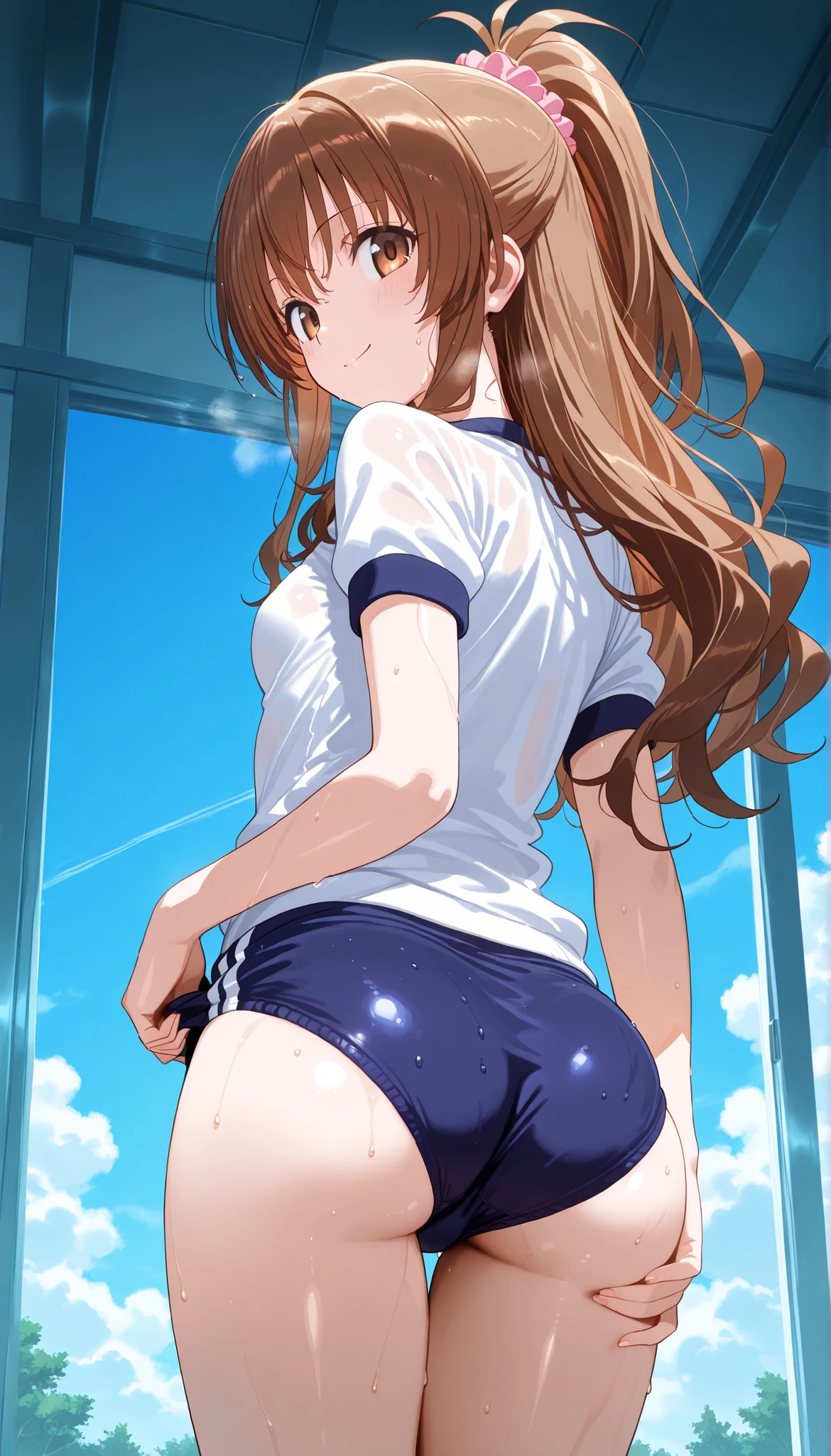 masterpiece, score_9, score_8_up, score_7_up, anime, pinup, Max Masterpiece, perfect eyes, perfect face, Best Quality, high resolution, 1girl,mikan yuuki, brown eyes, brown hair, hair ornament, hair scrunchie, long hair, small breasts, school gym clothes, buruma, (navy buruma:1.3), standing, looking back, back view, ass shot, smile, low angle, wet, sweat, steam, bedroom