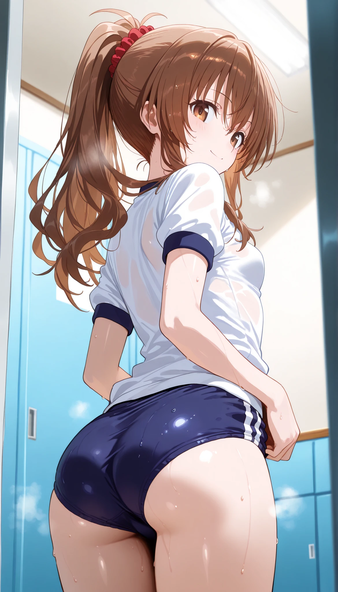 masterpiece, score_9, score_8_up, score_7_up, anime, pinup, Max Masterpiece, perfect eyes, perfect face, Best Quality, high resolution, 1girl,mikan yuuki, brown eyes, brown hair, hair ornament, hair scrunchie, long hair, small breasts, school gym clothes, buruma, (navy buruma:1.3), standing, looking back, back view, ass shot, smile, low angle, wet, sweat, steam, bedroom
