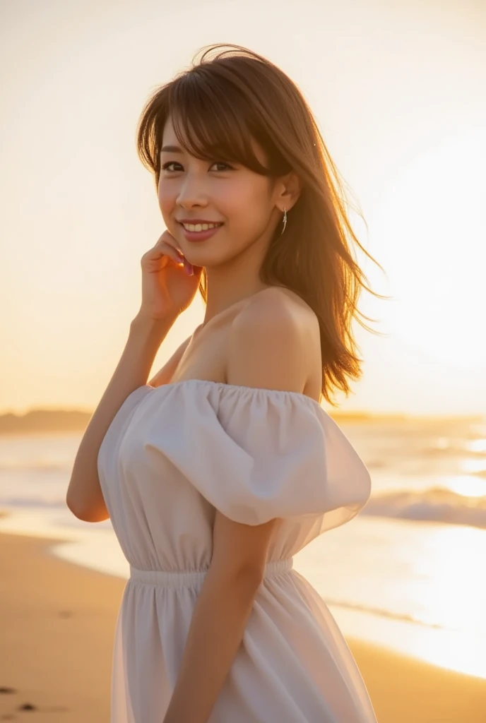 8K,Best Quality, 超A high resolution, (Photorealistic:1.4),masterpiece:1.1, Raw photo, (upper thigh, From Side:0.7), (Bokeh:1.2), sea side, (in a suite:1.6),sand beach, 1日本人の女の子, Cute, (Solo:1.6), (Shy smile), (Brown eyes), Smooth skin, (Brown medium hair,Bangs), (touch hair:1.4),nogizaka,Cute swimsuit,Supple fingertips,Beautiful eyes:1.2