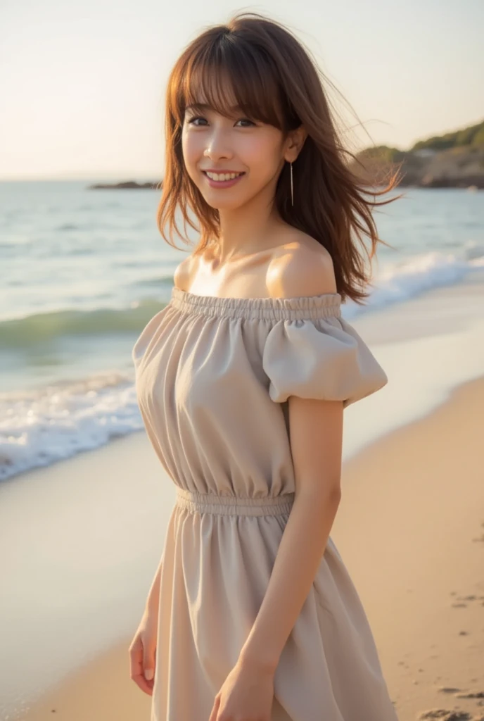 Real、Women's 1、hot pants、spread legs、camisole、clear、I have bangs.、Age 25、Mature、Medium Breast、sex appeal、Glowing Skin、((Highest quality, In 8K, masterpiece:1.3)), smile、Brown haired、(Blunt bangs:1.2)、、Maintain the original face proportions、Broad shoulders、Brown haired、Floating Hair、Lips、lipstick、誘惑的なsmile、Perm Hair、Floating Hair、Beach、Bright sunshine,Refreshing sky