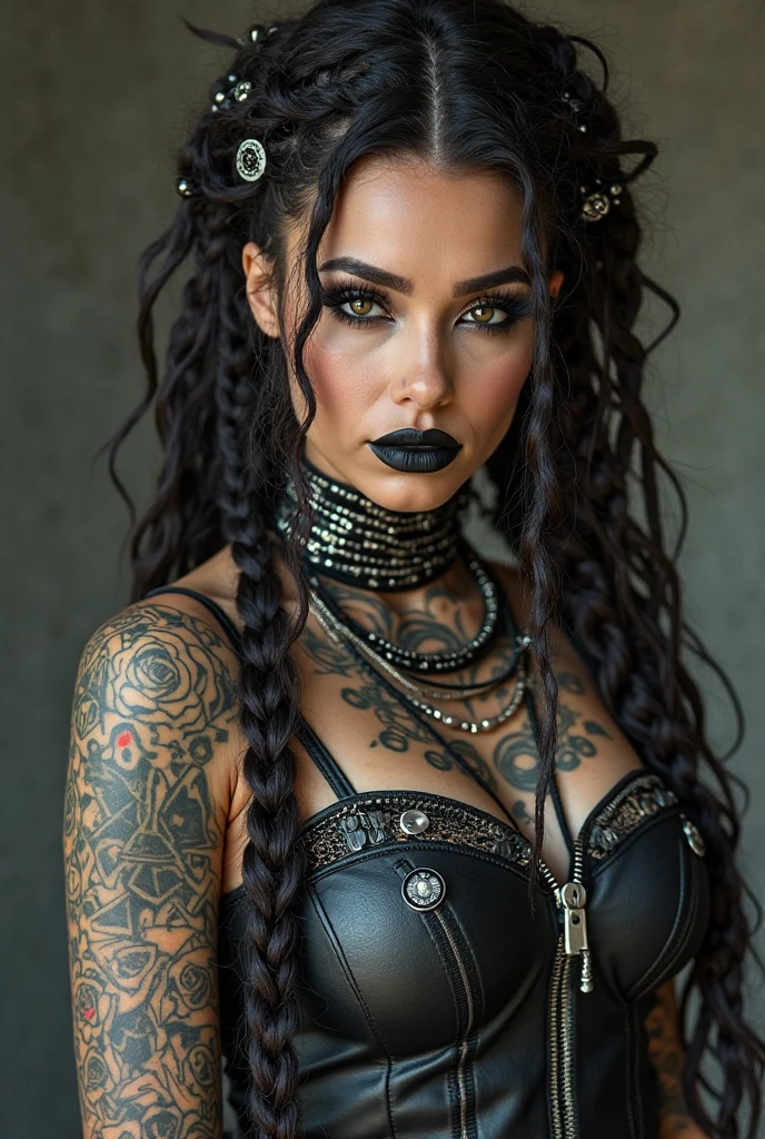 a close up of a woman with a top hat and tattoos, steampunk aesthetic, a steampunk beautiful goddess, steampunk girl, wearing steampunk attire, ornate cosplay, steampunk fantasy, steampunk fantasy style, steampunk beautiful anime woman, steampunk cyberpunk, steampunk, steampunk clothes, steam punk, steampunc, steampunk style, golden steampunk, in a steampunk world, steam-punk