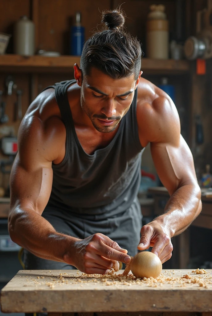 A handsome 27-year-old, beautiful, white, with short black hair, attractive, shirtless, soft white skin and black hair, making pottery with an old man in a pottery shop. The old man is dressed appropriately but the young man is wearing nothing, no shirt.