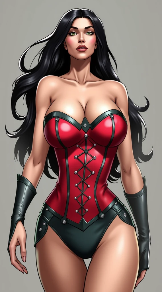 gorgeous female ringmaster, bustier, tailcoat, realistic, skirt, black flowing hair, green eyes, fishnet stockings