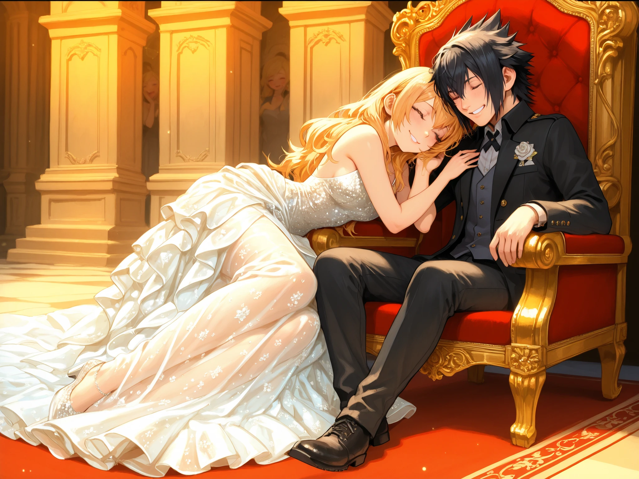 Luna Freya Knox Flare, couple, caring expression, With long blond hair, charming, beauty, long lashes, masterpiece, absurd, Best Quality , Complicated Details, Transparency, with smile, Full Body Princess Dress, smile, Noctis Break, Sexy Man, handsome, the king who is her husband, Sleep on the throne